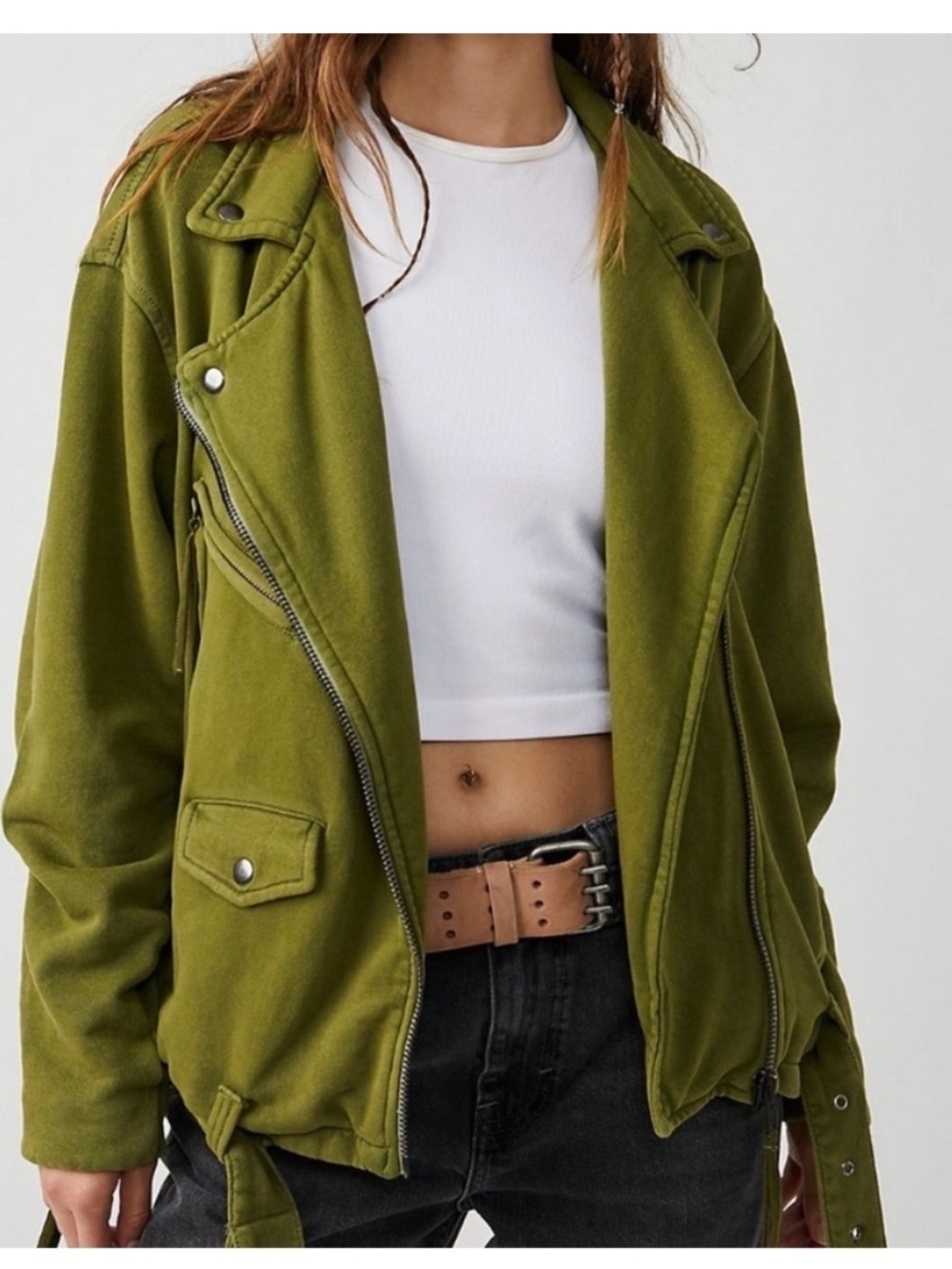 Free People Rebel Knit Oversized Moto Army Green Jacket Size XS chic edgy boho